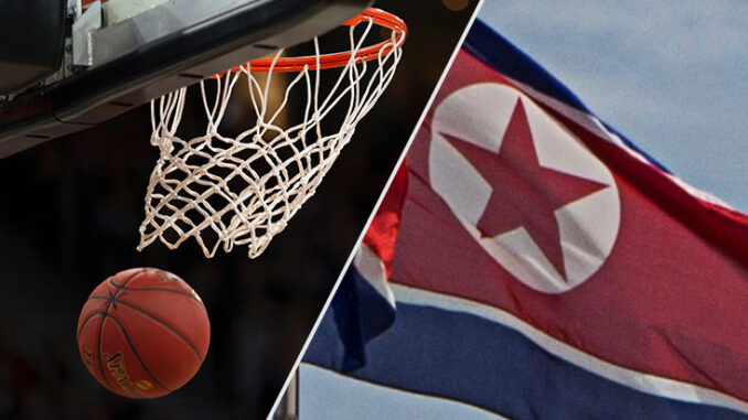 a basketball game and North Korean flag
